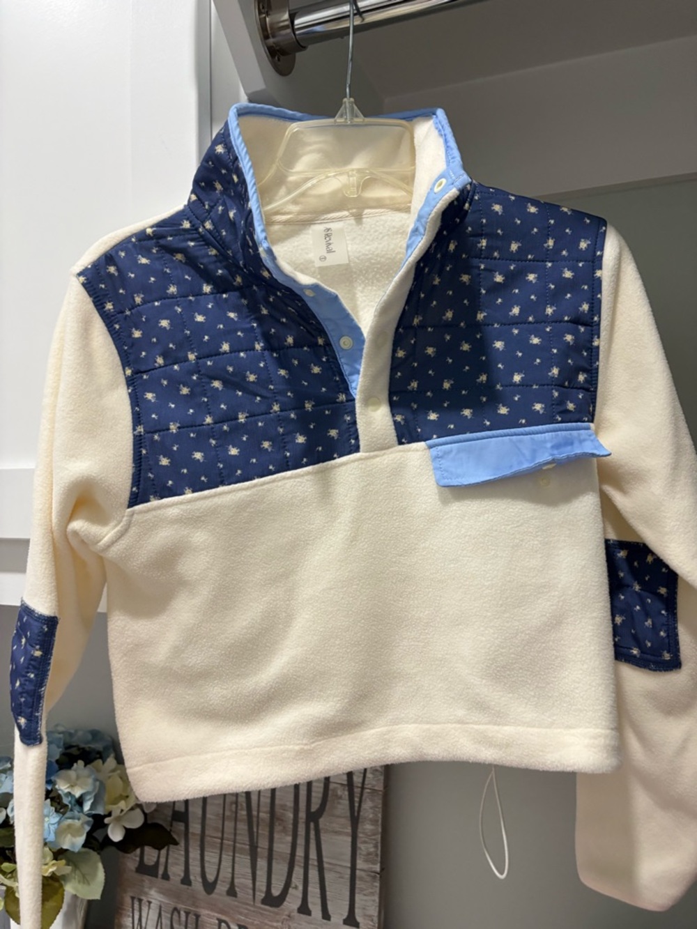 Altar'd State Cream Fleece Pullover with Navy Star Yoke and Light Blue Trim